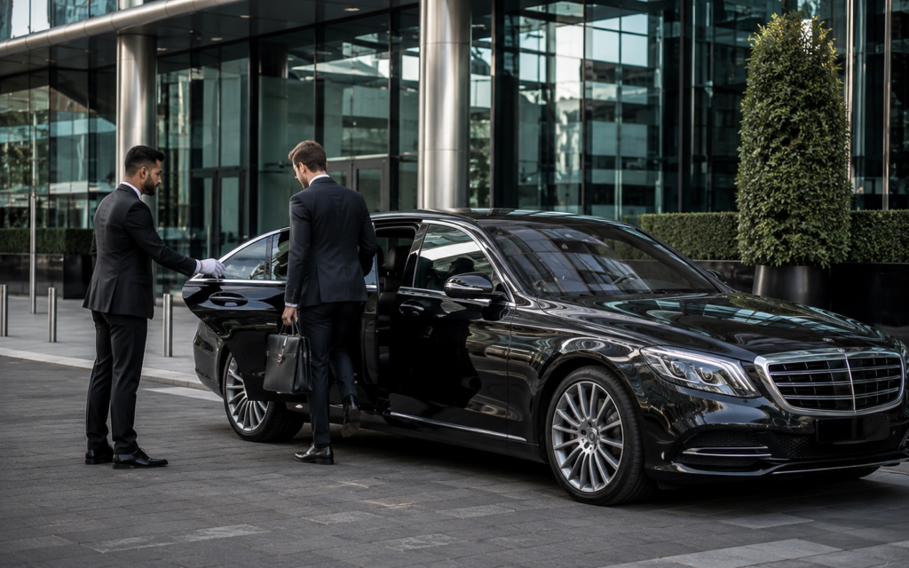 Professional chauffeur assisting a business executive into a Mercedes-Benz S-Class for a business meeting in London.