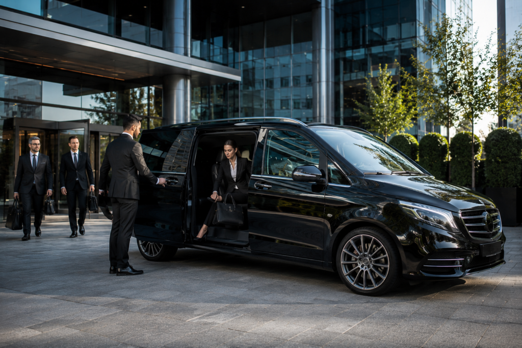 Corporate airport chauffeur assisting a business traveller beside a BMW 7 Series at Heathrow Airport.