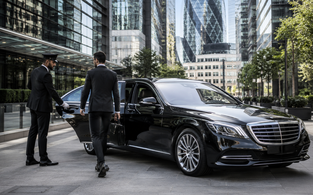 Professional corporate chauffeur opening a Mercedes-Benz S-Class for a business executive in London.