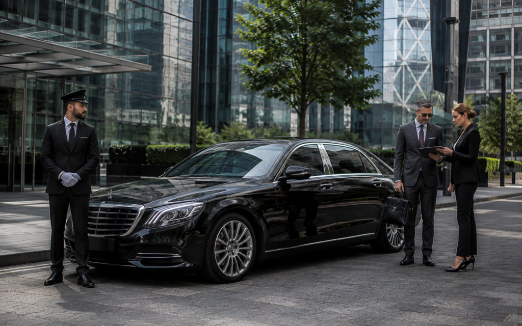 Executive chauffeur service for corporate roadshows in London's financial district.