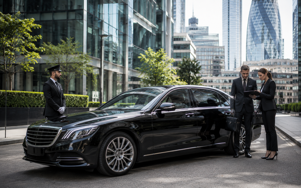 Professional chauffeur welcoming a VIP client beside a luxury Range Rover in London.