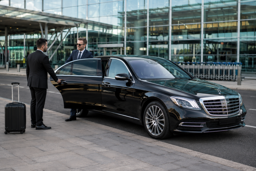 Professional airport chauffeur service in London with a Mercedes-Benz S-Class executive sedan and chauffeur assisting an arriving traveller.