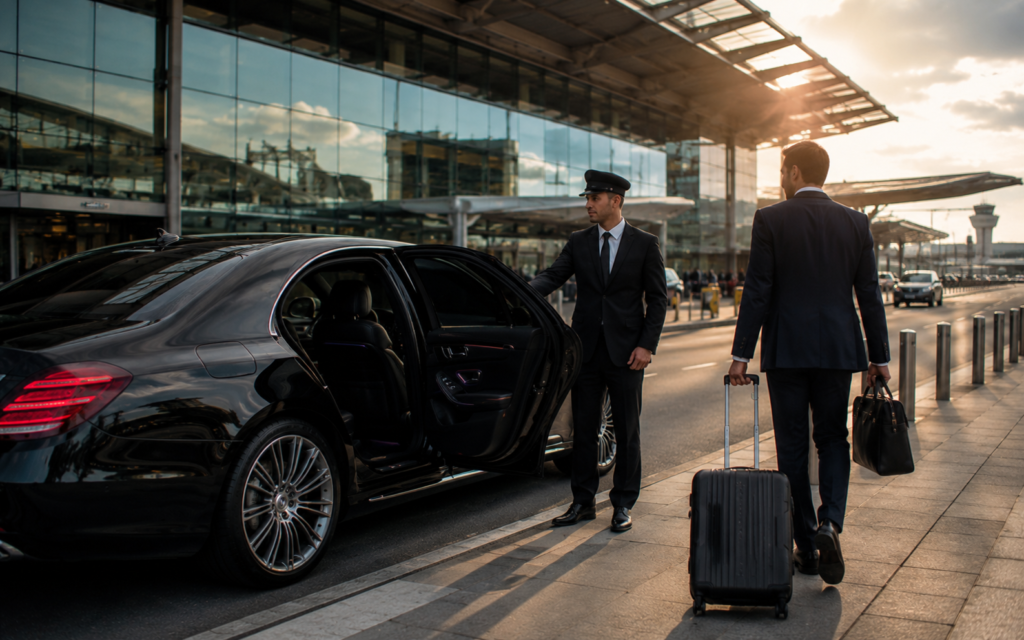 Luxury airport chauffeur service in London with Mercedes-Benz S-Class at Heathrow Airport