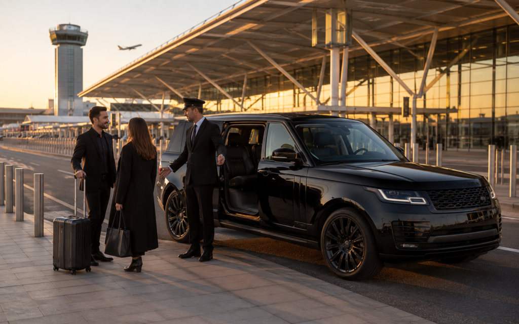 Luxury Gatwick Airport chauffeur service with a professional chauffeur assisting guests beside a Mercedes S-Class executive sedan.
