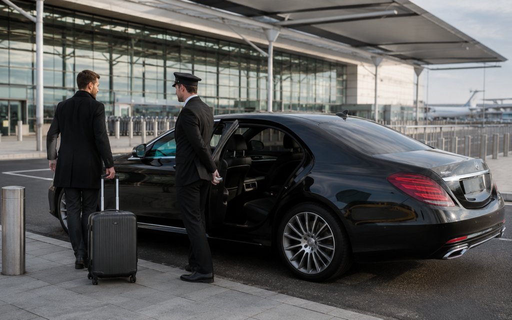 Luxury Heathrow Airport chauffeur service with professional chauffeur assisting guests beside a premium executive car.