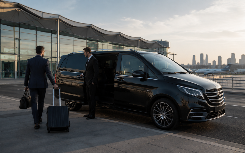 Executive London City Airport chauffeur service with a professional chauffeur assisting a business traveller beside a Mercedes V-Class luxury vehicle.