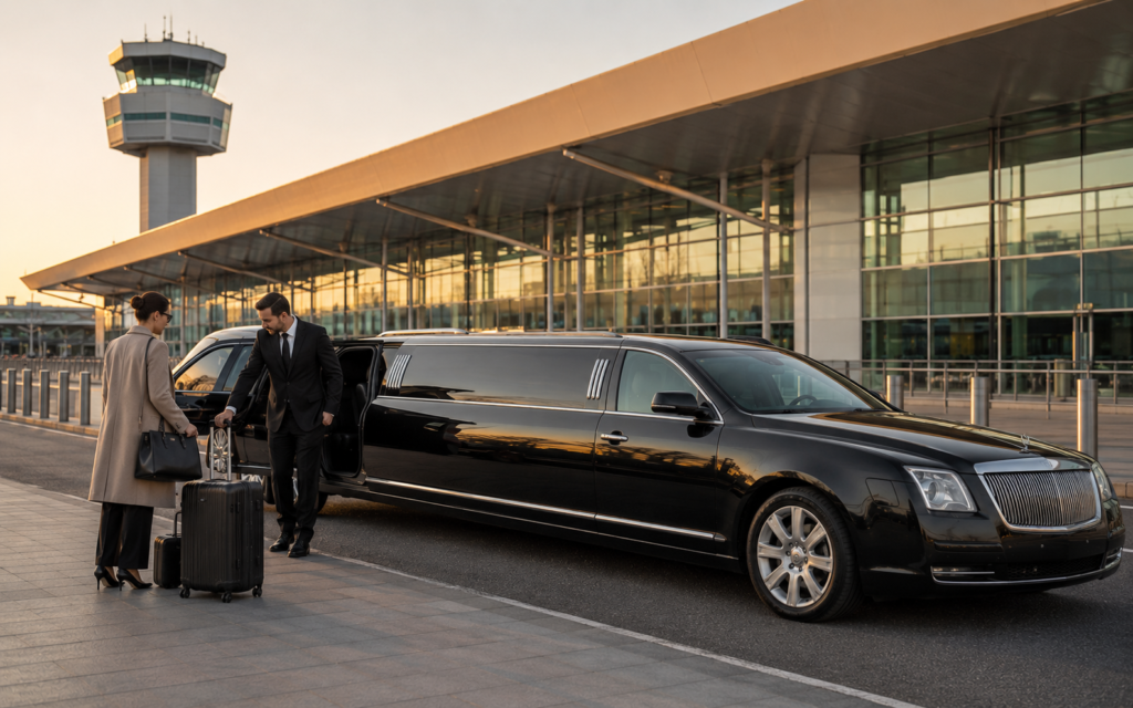 Luxury Luton Airport chauffeur service with a professional chauffeur assisting guests beside a Rolls-Royce Ghost luxury sedan.