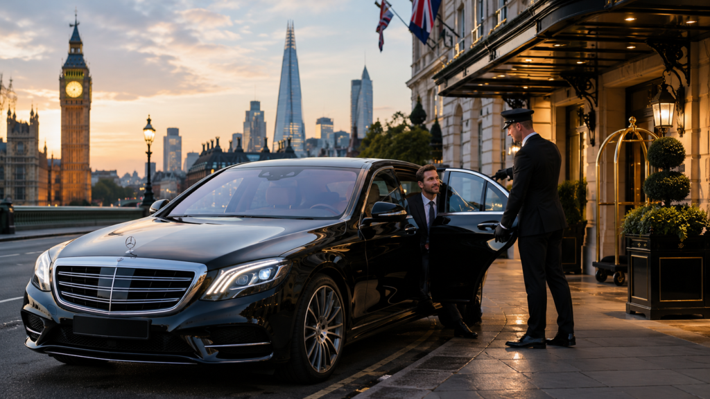 Luxury Mercedes S-Class chauffeur service in London with a professional chauffeur welcoming an executive client outside a luxury hotel.