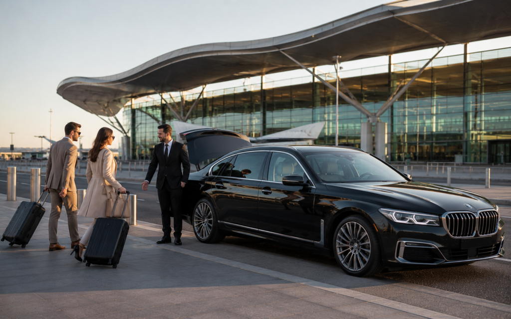 Luxury Southend Airport chauffeur service with a professional chauffeur assisting guests beside a BMW 7 Series executive sedan.