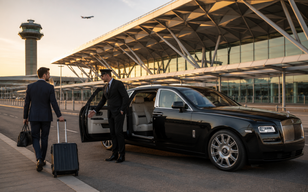 Luxury Stansted Airport chauffeur service with a professional chauffeur assisting guests beside a Range Rover Autobiography luxury SUV.